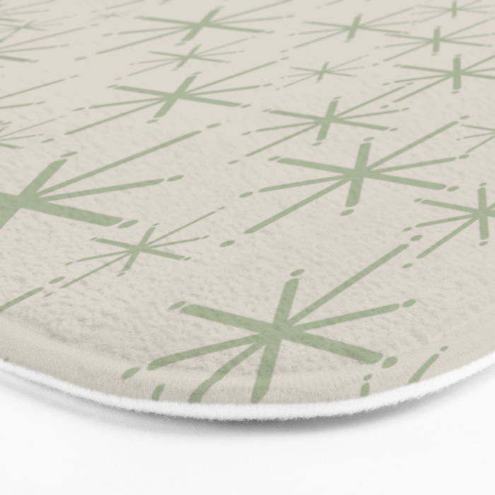 Mid Century Modern Twinkling Retro Starbursts in Sage Green and Beige Bath Mat Gallery Image 3