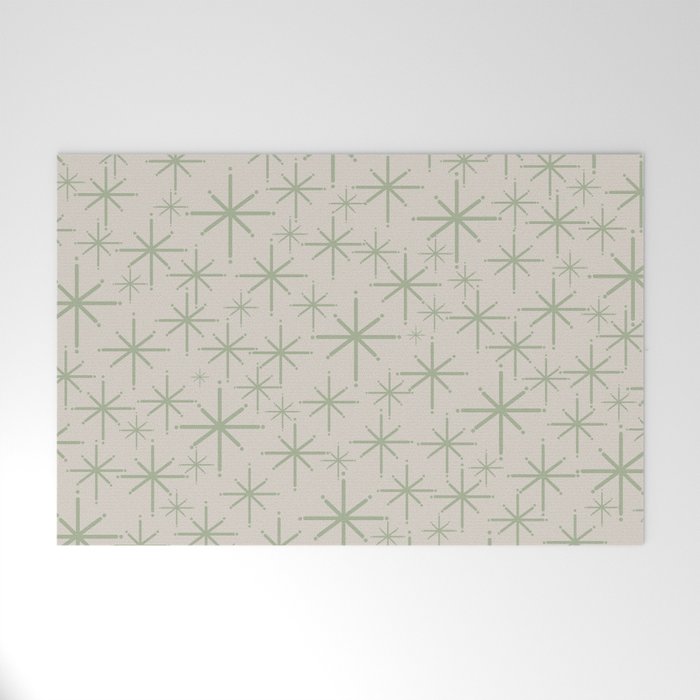 Mid Century Modern Twinkling Retro Starbursts in Sage Green and Beige Welcome Mat Gallery Image 1