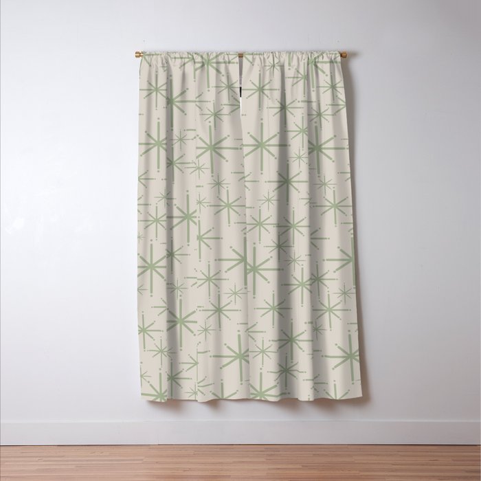 Mid Century Modern Twinkling Retro Starbursts in Sage Green and Beige Window Curtain Gallery Image 3