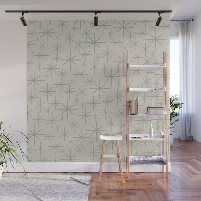 Mid Century Modern Twinkling Retro Starbursts in Sage Green and Beige Wall Mural Gallery Image 1