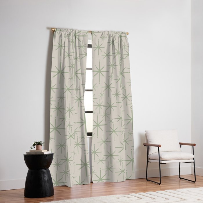 Mid Century Modern Twinkling Retro Starbursts in Sage Green and Beige Window Curtain Gallery Image 2