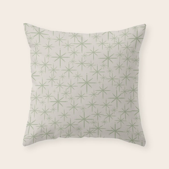 Mid Century Modern Twinkling Retro Starbursts in Sage Green and Beige Throw Pillow Gallery Image 6