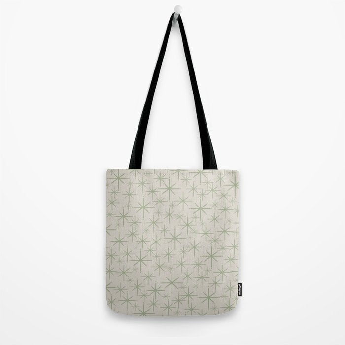 Mid Century Modern Twinkling Retro Starbursts in Sage Green and Beige Tote Bag Gallery Image 2