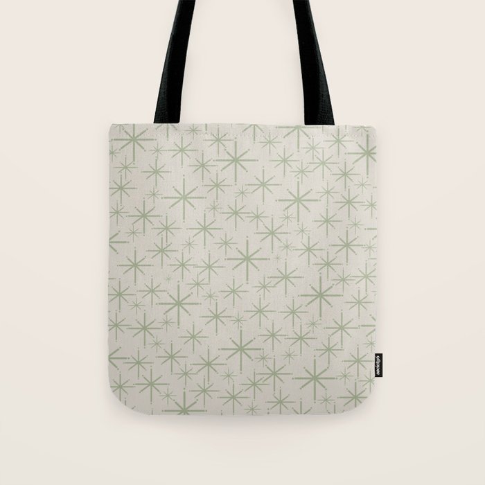 Mid Century Modern Twinkling Retro Starbursts in Sage Green and Beige Tote Bag Gallery Image 1