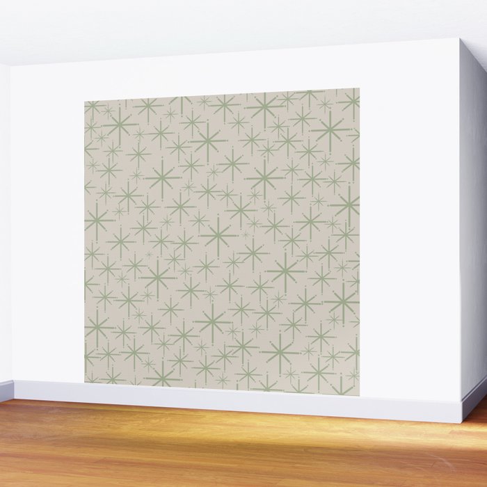 Mid Century Modern Twinkling Retro Starbursts in Sage Green and Beige Wall Mural Gallery Image 2