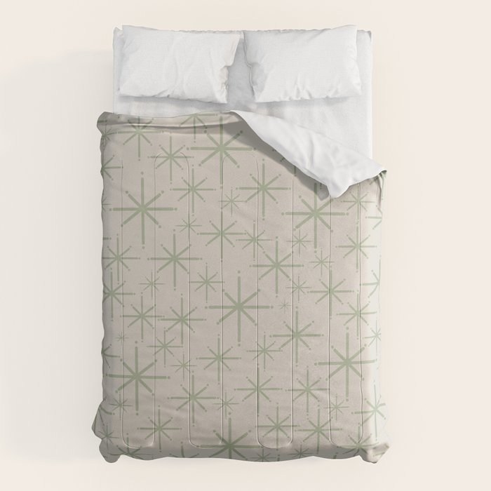 Mid Century Modern Twinkling Retro Starbursts in Sage Green and Beige Comforter Gallery Image 1