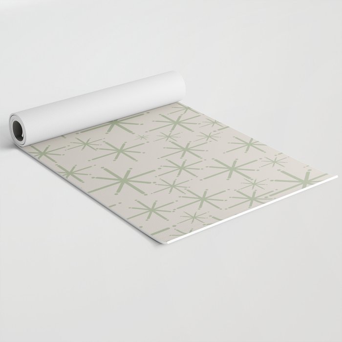 Mid Century Modern Twinkling Retro Starbursts in Sage Green and Beige Yoga Mat Gallery Image 2