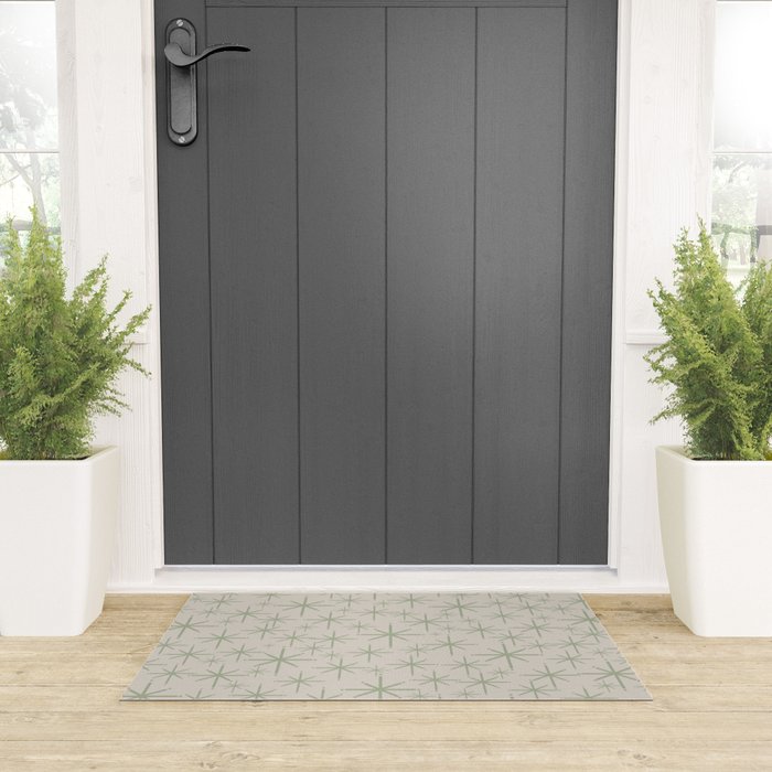 Mid Century Modern Twinkling Retro Starbursts in Sage Green and Beige Welcome Mat Gallery Image 3