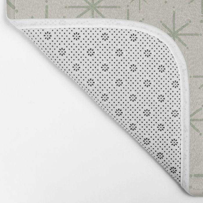Mid Century Modern Twinkling Retro Starbursts in Sage Green and Beige Bath Mat Gallery Image 2