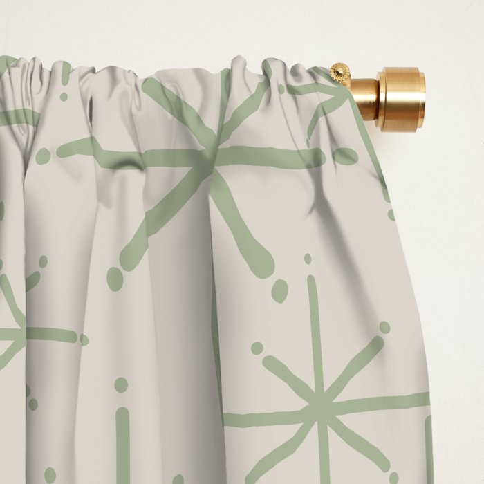 Mid Century Modern Twinkling Retro Starbursts in Sage Green and Beige Window Curtain Gallery Image 2