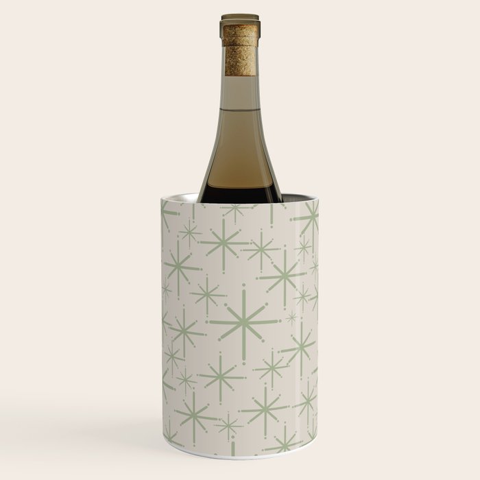 Mid Century Modern Twinkling Retro Starbursts in Sage Green and Beige Wine Chiller Gallery Image 1