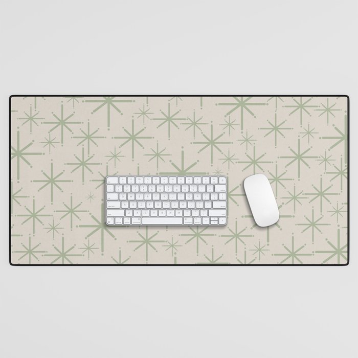 Mid Century Modern Twinkling Retro Starbursts in Sage Green and Beige Desk Mat Gallery Image 1