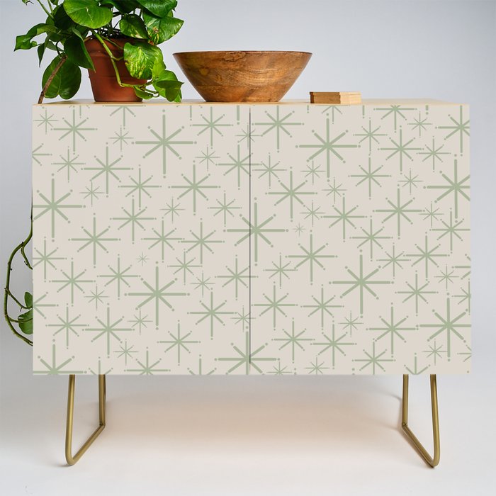 Mid Century Modern Twinkling Retro Starbursts in Sage Green and Beige Credenza Gallery Image 1