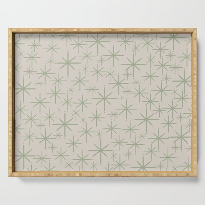 Mid Century Modern Twinkling Retro Starbursts in Sage Green and Beige Serving Tray Gallery Image 1