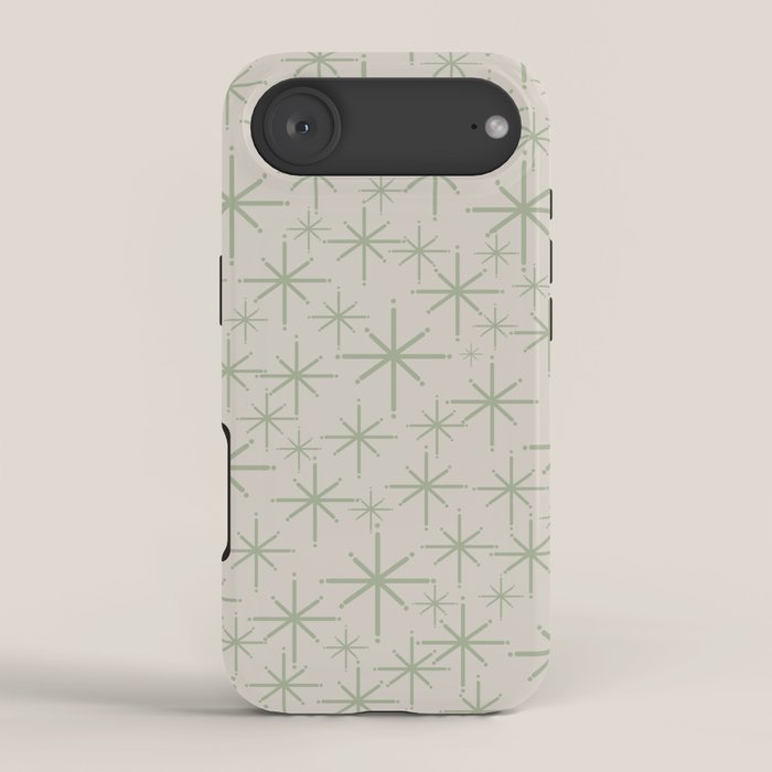 Mid Century Modern Twinkling Retro Starbursts in Sage Green and Beige iPhone Case Gallery Image 2