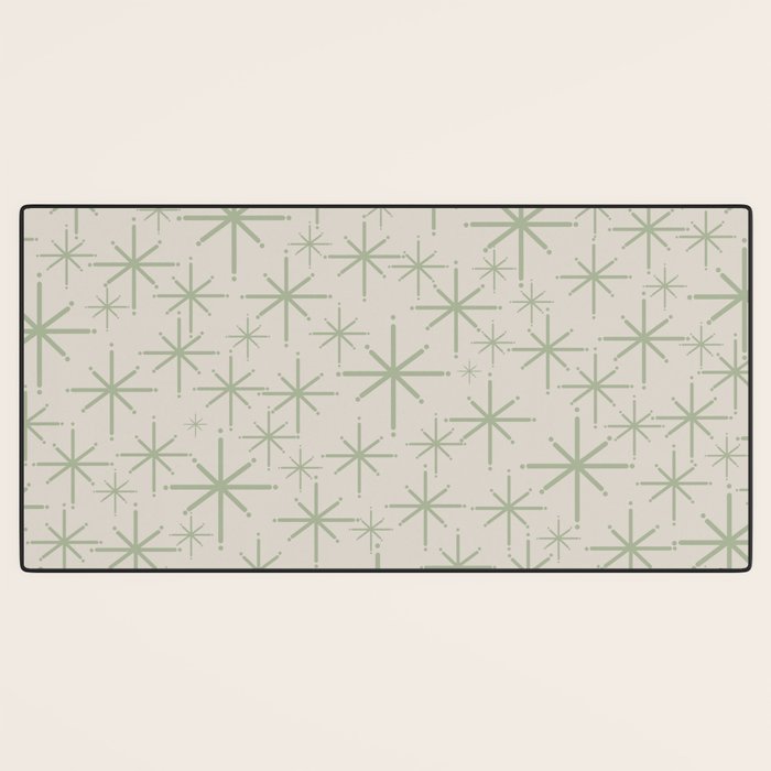 Mid Century Modern Twinkling Retro Starbursts in Sage Green and Beige Desk Mat Gallery Image 3