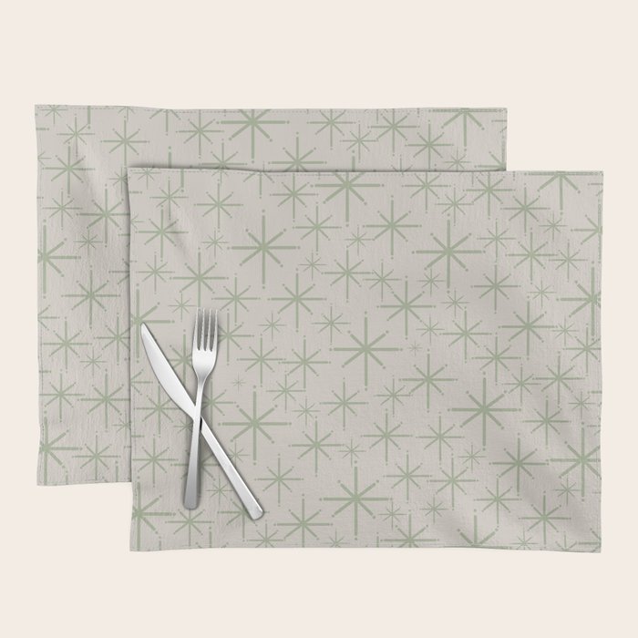 Mid Century Modern Twinkling Retro Starbursts in Sage Green and Beige Placemat Gallery Image 1