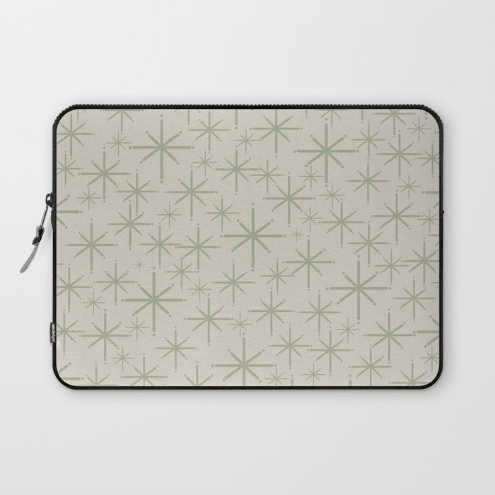 Mid Century Modern Twinkling Retro Starbursts in Sage Green and Beige Laptop Sleeve Gallery Image 1