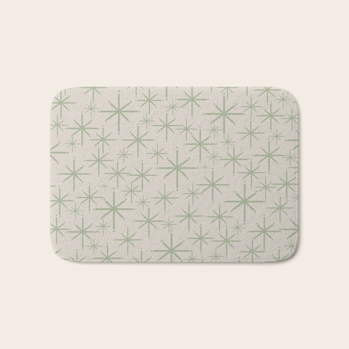 Mid Century Modern Twinkling Retro Starbursts in Sage Green and Beige Bath Mat Gallery Image 1
