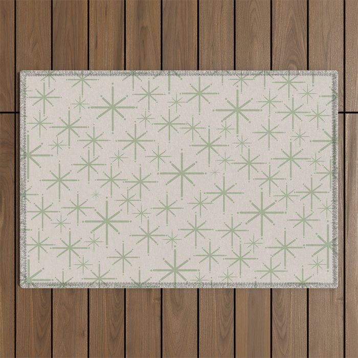Mid Century Modern Twinkling Retro Starbursts in Sage Green and Beige Outdoor Rug Gallery Image 1