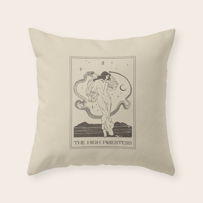 The High Priestess Card Poster. Witchy Girl and Mystic Snake Throw Pillow Gallery Image 6