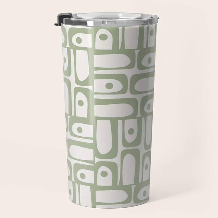 Mid Century Modern Piquet Geometric Multi Abstract Minimalist Pattern in Sage Green and Off White Travel Mug Gallery Image 3