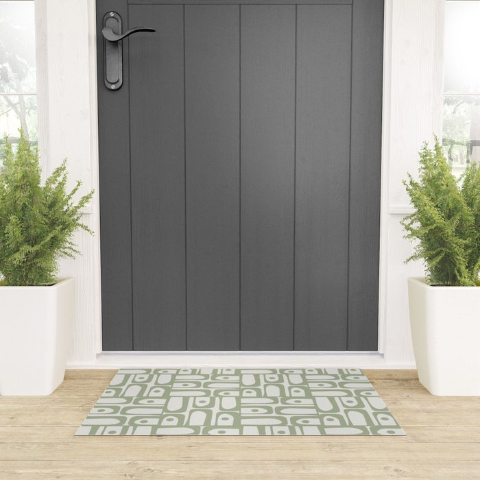 Mid Century Modern Piquet Geometric Multi Abstract Minimalist Pattern in Sage Green and Off White Welcome Mat Gallery Image 3
