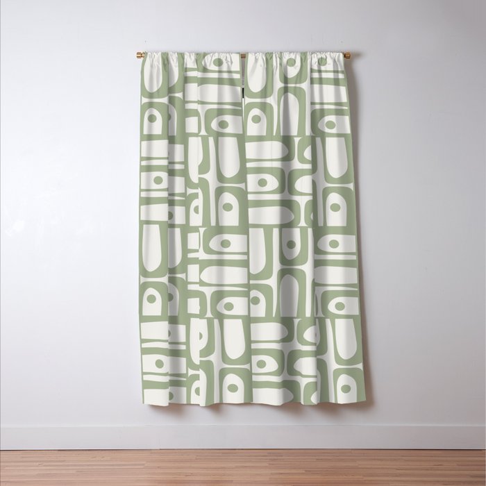 Mid Century Modern Piquet Geometric Multi Abstract Minimalist Pattern in Sage Green and Off White Window Curtain Gallery Image 3