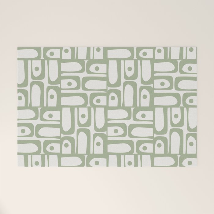 Mid Century Modern Piquet Geometric Multi Abstract Minimalist Pattern in Sage Green and Off White Welcome Mat Gallery Image 1
