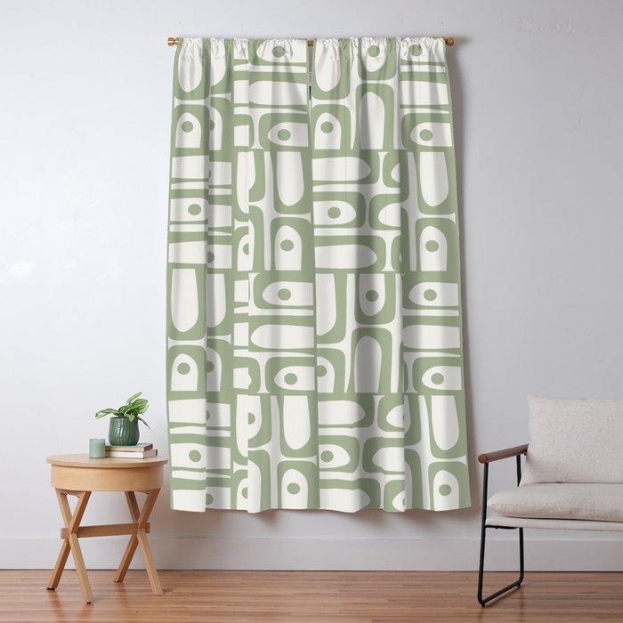 Mid Century Modern Piquet Geometric Multi Abstract Minimalist Pattern in Sage Green and Off White Window Curtain Gallery Image 5