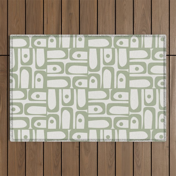 Mid Century Modern Piquet Geometric Multi Abstract Minimalist Pattern in Sage Green and Off White Outdoor Rug Gallery Image 1