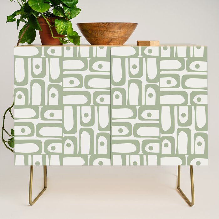 Mid Century Modern Piquet Geometric Multi Abstract Minimalist Pattern in Sage Green and Off White Credenza Gallery Image 1