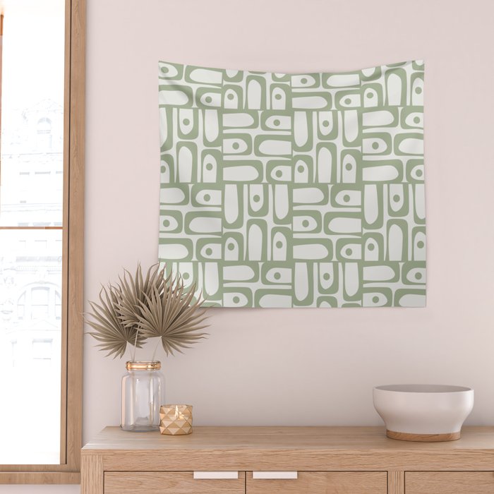 Mid Century Modern Piquet Geometric Multi Abstract Minimalist Pattern in Sage Green and Off White Wall Tapestry Gallery Image 2