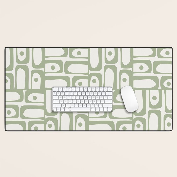 Mid Century Modern Piquet Geometric Multi Abstract Minimalist Pattern in Sage Green and Off White Desk Mat Gallery Image 1