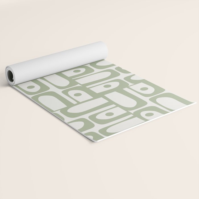 Mid Century Modern Piquet Geometric Multi Abstract Minimalist Pattern in Sage Green and Off White Yoga Mat Gallery Image 2