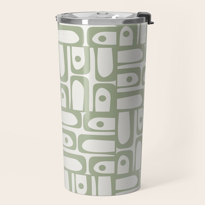 Mid Century Modern Piquet Geometric Multi Abstract Minimalist Pattern in Sage Green and Off White Travel Mug Gallery Image 2