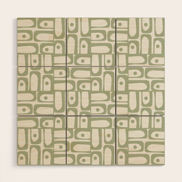 Mid Century Modern Piquet Geometric Multi Abstract Minimalist Pattern in Sage Green and Off White Wood Wall Art Gallery Image 1