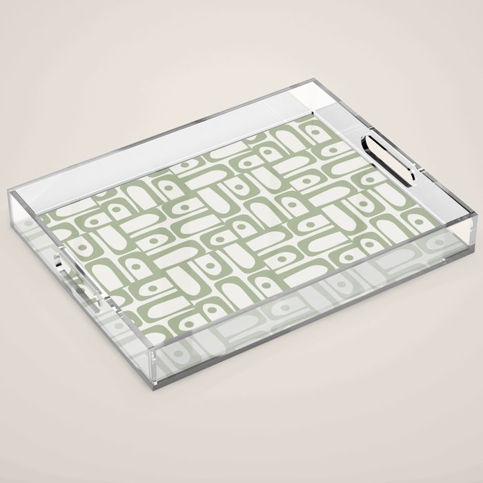 Mid Century Modern Piquet Geometric Multi Abstract Minimalist Pattern in Sage Green and Off White Acrylic Tray Gallery Image 1