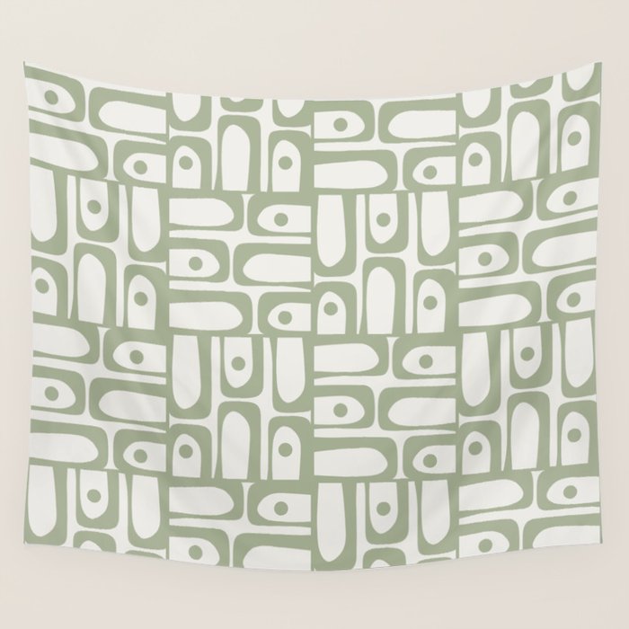 Mid Century Modern Piquet Geometric Multi Abstract Minimalist Pattern in Sage Green and Off White Wall Tapestry Gallery Image 4