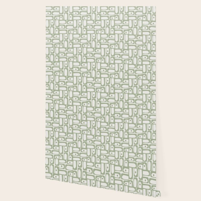 Mid Century Modern Piquet Geometric Multi Abstract Minimalist Pattern in Sage Green and Off White Wallpaper Gallery Image 2