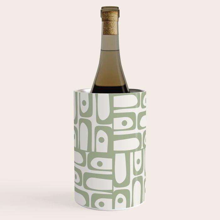 Mid Century Modern Piquet Geometric Multi Abstract Minimalist Pattern in Sage Green and Off White Wine Chiller Gallery Image 3