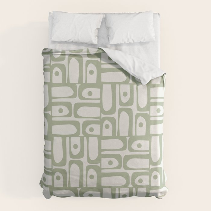 Mid Century Modern Piquet Geometric Multi Abstract Minimalist Pattern in Sage Green and Off White Duvet Cover Gallery Image 6