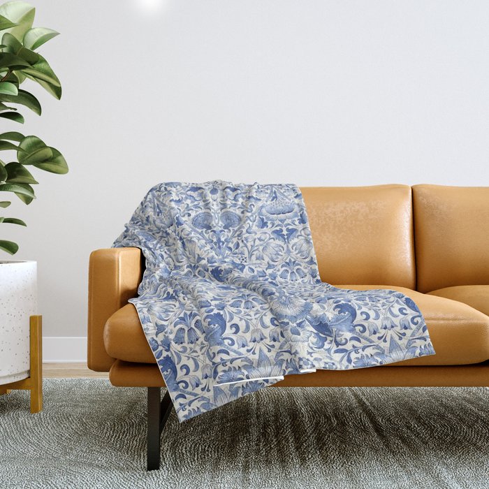 William Morris Vintage Lodden China Blue Toile Throw Blanket Gallery Image 1