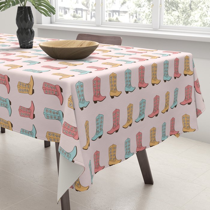 Cowgirl Boots and Daisies, Blush Pink, Mint, Cute Pastel Cowboy Pattern Tablecloth Gallery Image 3