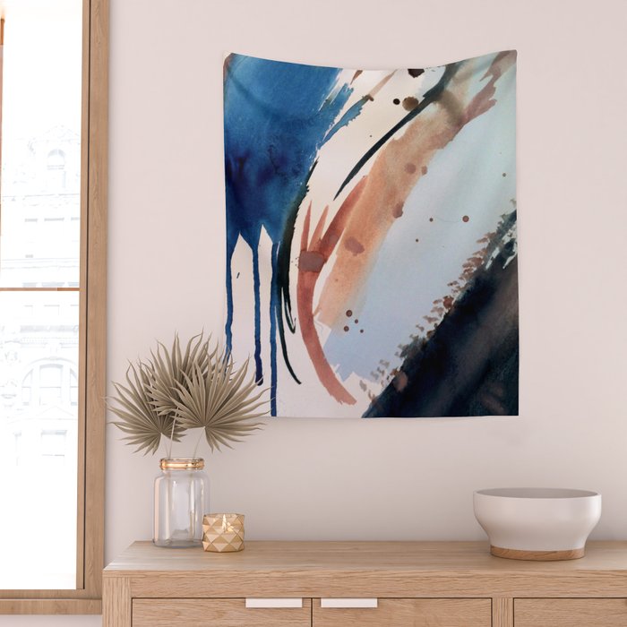 708 - a minimal mixed media abstract piece in blues, pinks, and white Wall Tapestry Gallery Image 2
