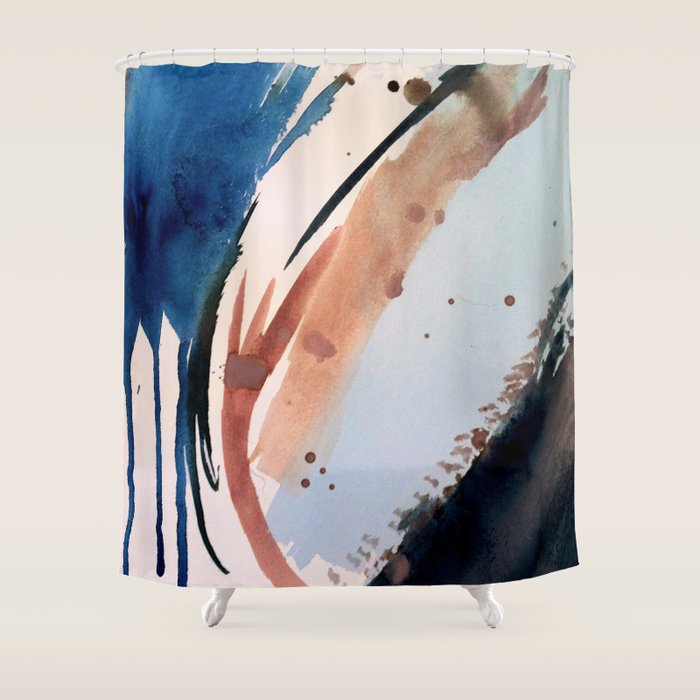 708 - a minimal mixed media abstract piece in blues, pinks, and white Shower Curtain Gallery Image 1