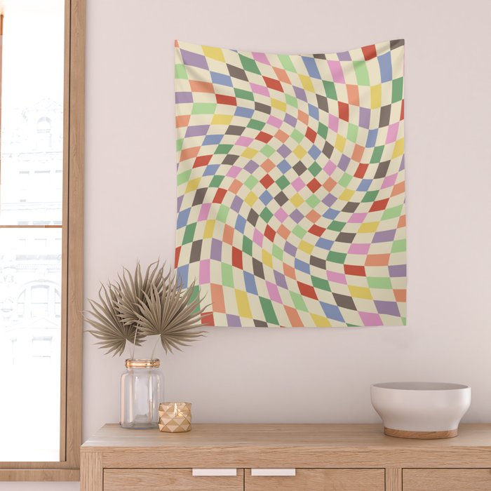 Colorful Checkered Swirl Pattern Wall Tapestry Gallery Image 2