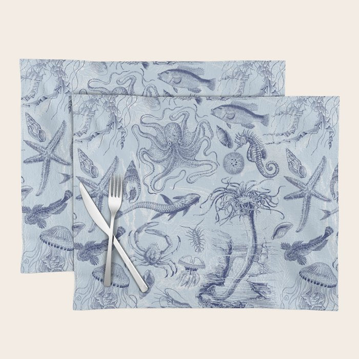 Coral Reef Life Underwater Sea Scene Blue Monochromatic Toile Pattern  Placemat Gallery Image 1