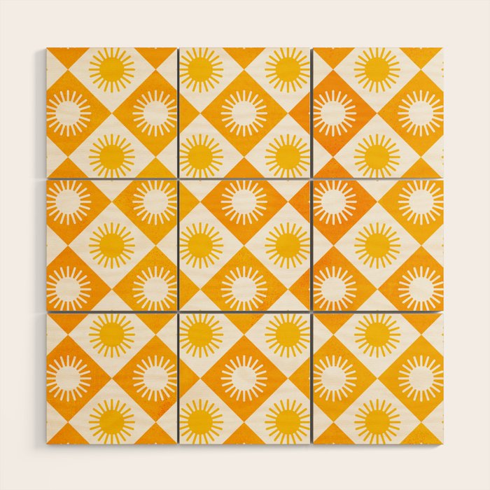 Retro Checkered Yellow Sun Pattern Wood Wall Art Gallery Image 1
