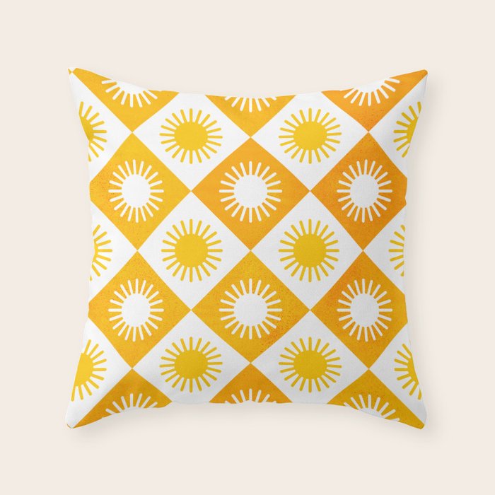 Retro Checkered Yellow Sun Pattern Throw Pillow Gallery Image 6